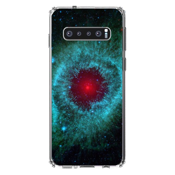 DistinctInk Clear Shockproof Hybrid Case for Samsung Galaxy S10  PLUS(6.4" Screen) - TPU Bumper, Acrylic Back, Tempered Glass Screen Protector - Blue Teal Black Helix Nebula -Astronomy