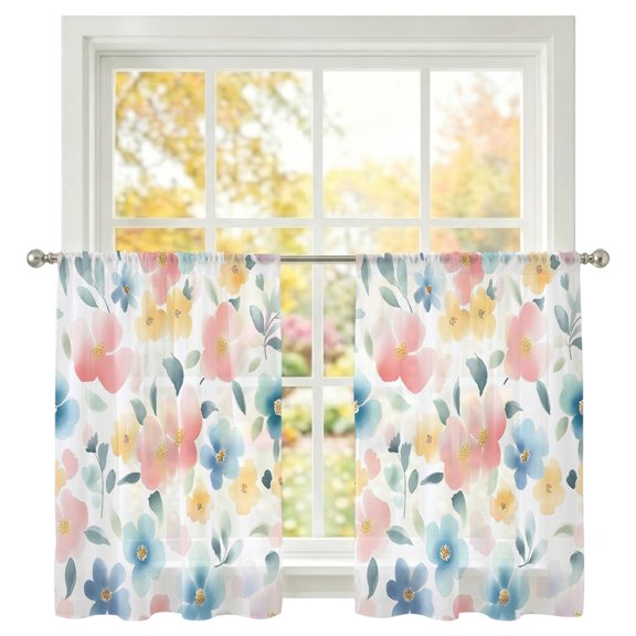 Watercolor Flower Sheer Curtains 45 inches Long, Retro Blue Pink Floral Garden Light Filtering Sheer Window Curtains Rod Pocket Voile Drapes for Bedroom Living Room, 2 Panels