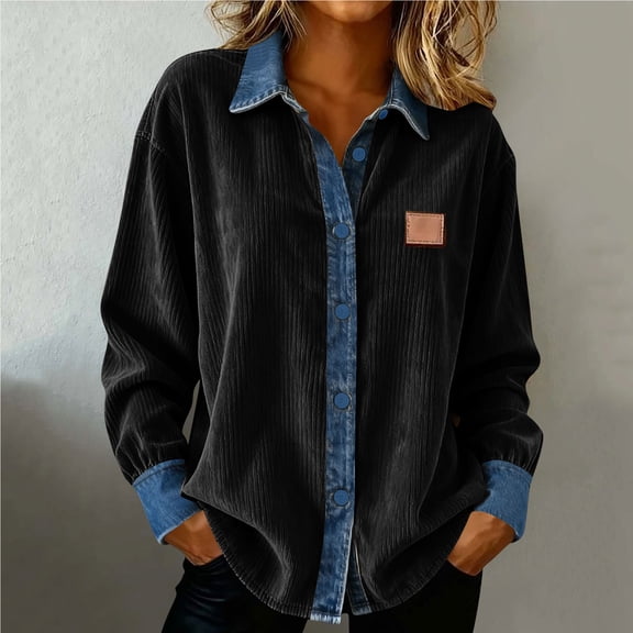 Yourumao Corduroy Tops for Men Lapel Collar Button Down Shirts Vintage Denim Patch Long Sleeve Blouses Going Out T-shirts