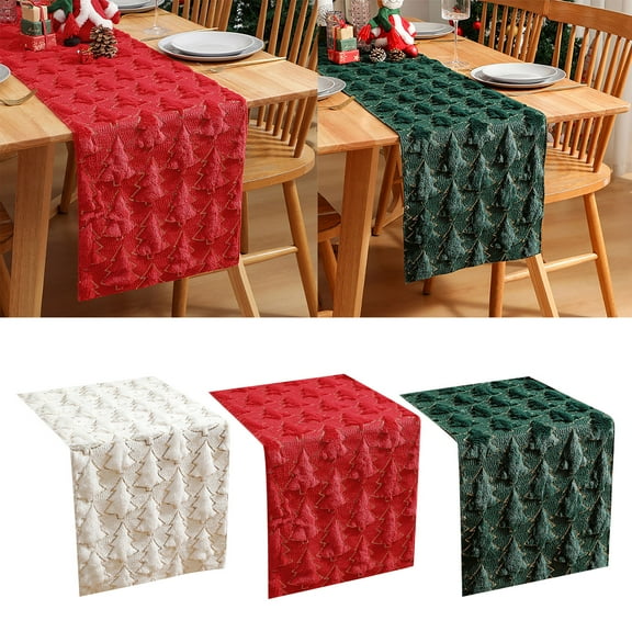 Set of 3 Green&Red7White Christmas Tbale Runner 13x37 Inch,Soft Plush Faux Fur Jacquard Green Big Small Christmas Tree Table Runner,Seasonal Autumn Kitchen Dining Table Decoration for Home Party Decor