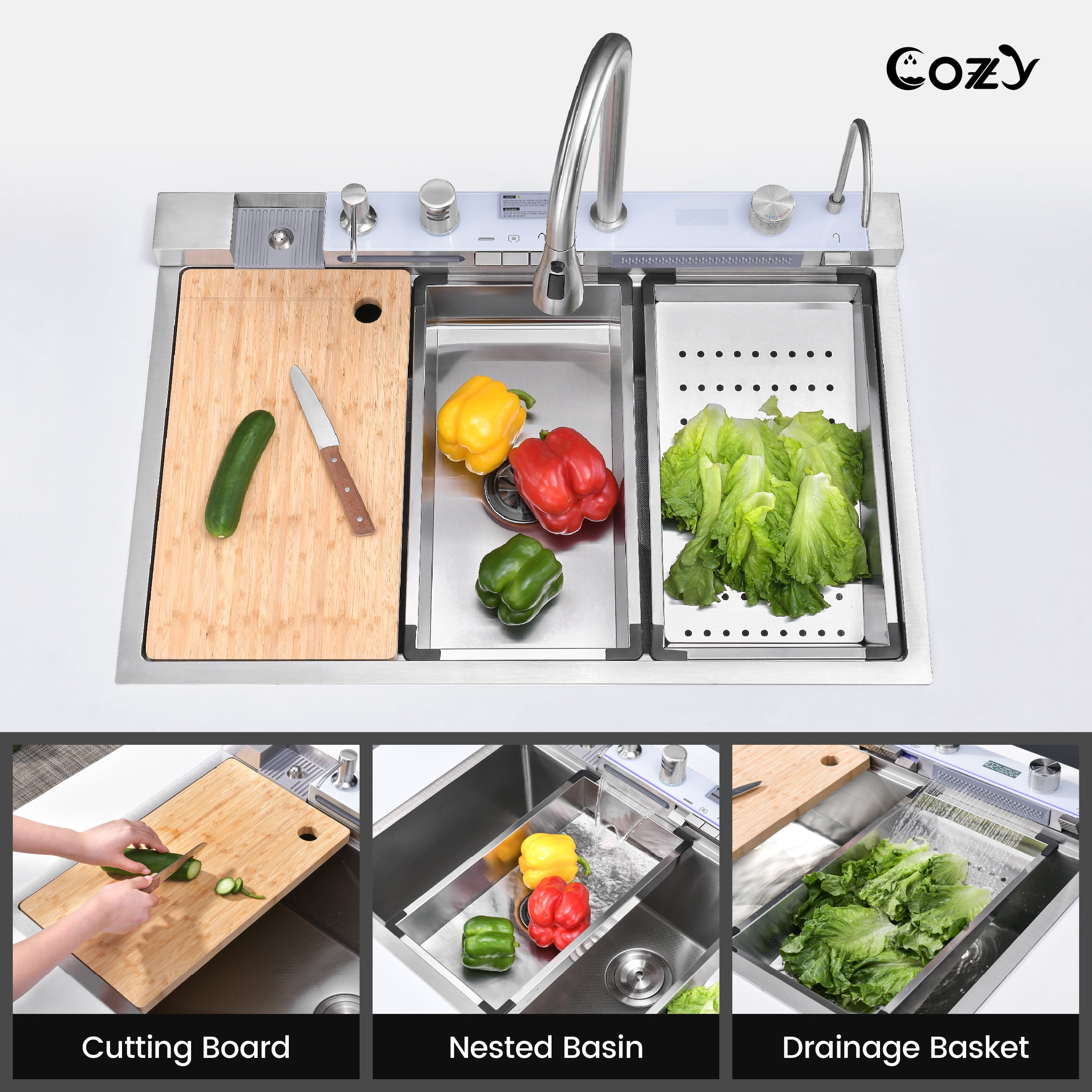 COZY Kitchen Sink Whale Digital Waterfall Sink, Flying rain Waterfall Kitchen Sink with Pull Down Sprayhead Faucet and Pressurized Cup Washer, 33"×22″ Stainless Steel Single Bowl Sink, SS-BR10-332212