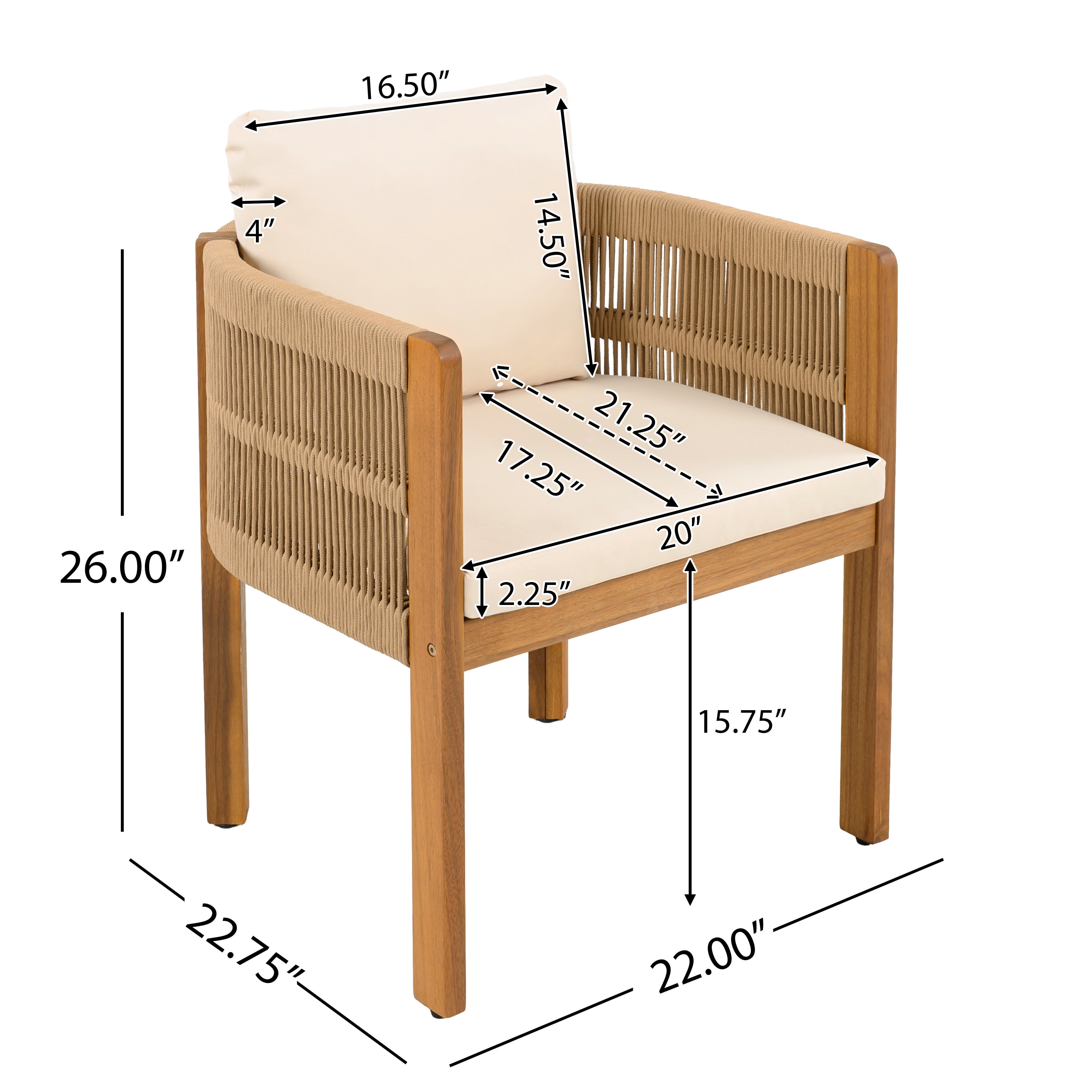 Acacia Wood Outdoor Dining Chairs Set of 2 with Brown Rope Handles Washable Waterproof Beige Cushions, Teak