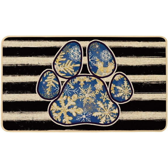 Winter Doormat Dog Paws Welcome Blue Snowflake Decorative Christmas Door Mat Non Slip Rubber Backing Front Rug Indoor Outdoor Entrance Kitchen Floor Decoration 17 x 29 Inch