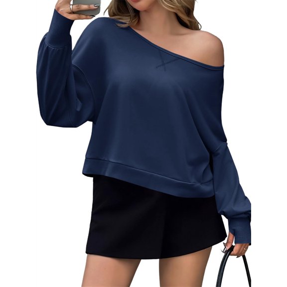Solid Color Spring Fall Long Sleeve Off Shoulder Casual Crop Sweatshirt