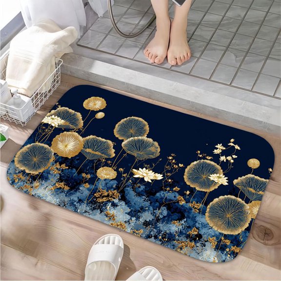 1pc Golden Lotus Flowers on Dark Absorbent Non-Slip Bathroom Thickened Flannel Rug Decor,Soft,Quick Drying,Suitable For Indoor/outdoor Use,Bathrooms,Bedrooms,Kitchens,Terrace,Laundry Rooms,16"x24"