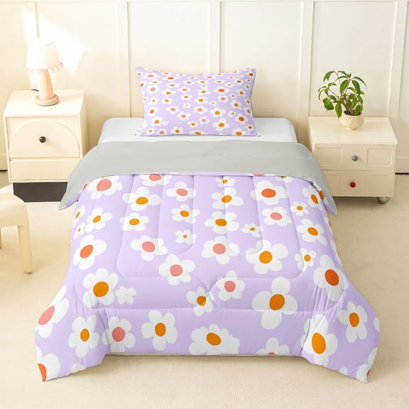 Homewish Purple Flower Twin Comforter Sets,Cute Cartoon Themed Bedding Set,Light Gray Reversible,2 Pieces,1 Comforter and 1 Pillowcase