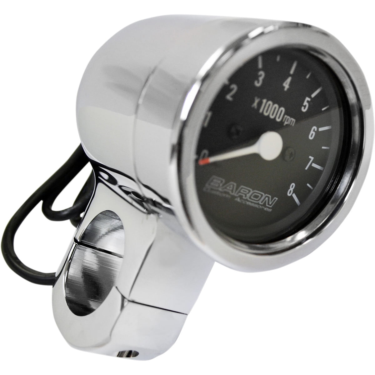 Baron Chrome Bullet Black Face Tachometer with 1" Handlebar Clamp (BA
