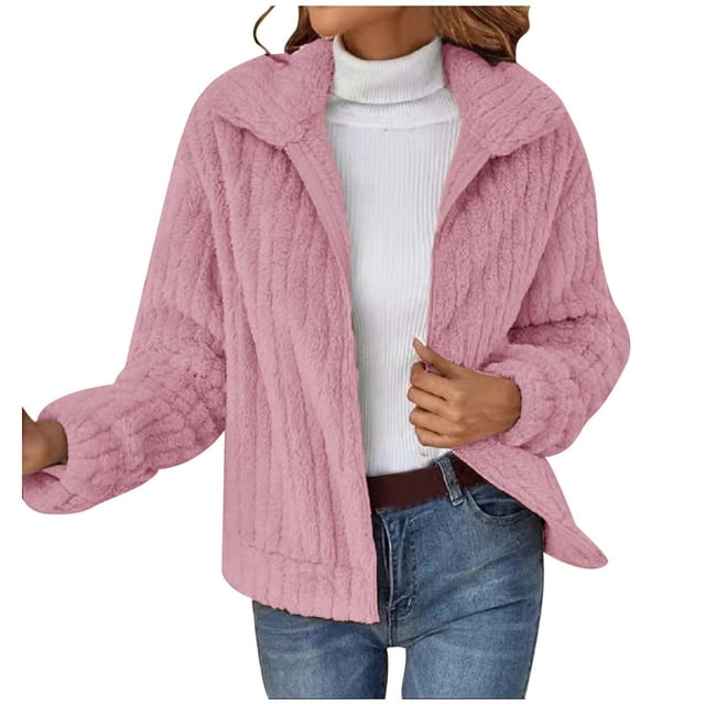 WEIYLL Veste en Molleton pour Femmes Couleur Unie Chaude Peluche Poche Zippée Manches Longues Col à Revers Manteaux d'Automne Roses Taille 3TG