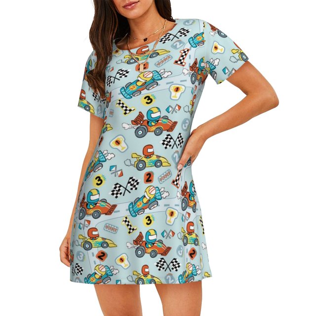 Vsdgher Cartoon Car Racing Pattern Womens Short Sleeve Sleepshirt Scoopneck Cute Nightdress Ruffle Comfy Nightgown