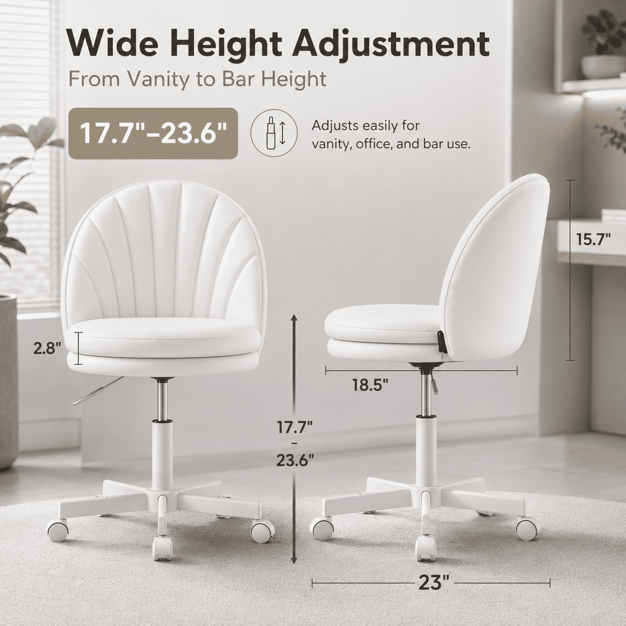 LUCKLIFE Office Desk Chair with Shell Back, 17.7"-23.6" Height Adjustable PU Leather Mid-Back Task Chair, Armless Computer Chair for Home Office, White
