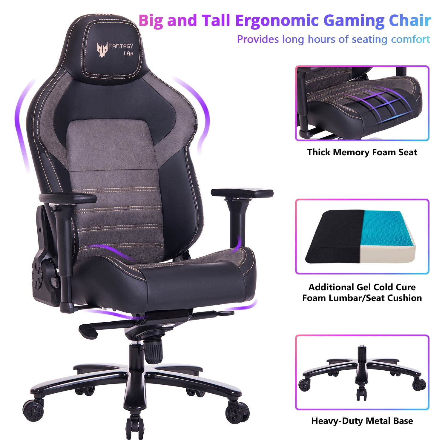 Fantasylab Big and Tall 440lb Memory Foam Gaming Chair With 4D