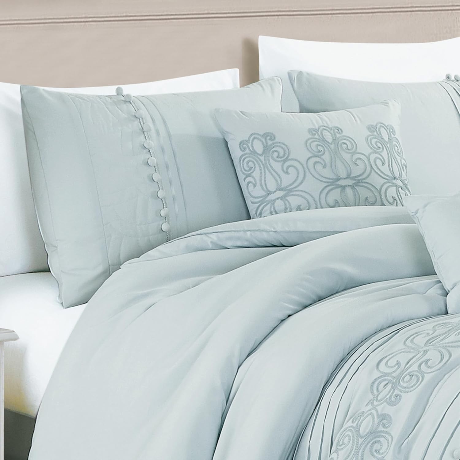 Chezmoi Collection 7-Piece Graceful Pale Blue Floral Chenille Pom Pom Embroidery Comforter Set, Queen