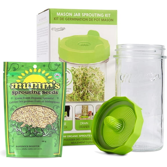 Masontops Mason Jar Bean Sprouting Jar Starter Set - Easy DIY Bean Sprout Kit with Organic Seeds