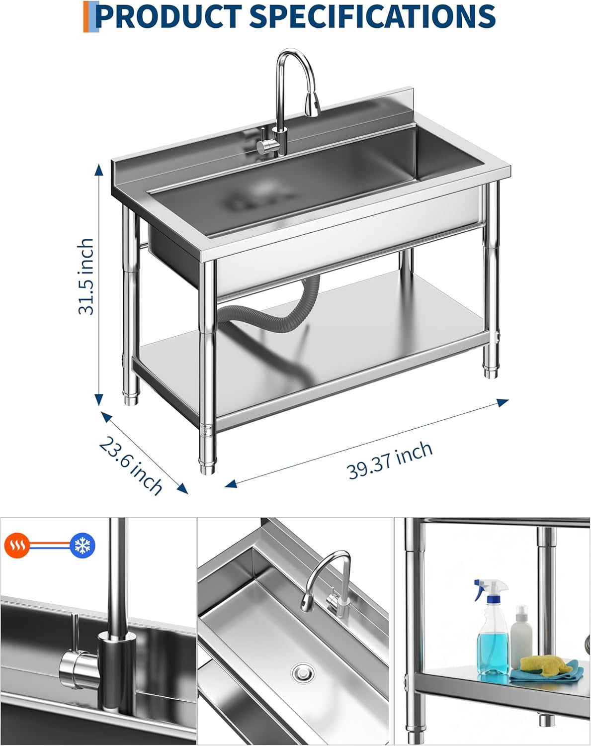 QinaQin Stainless Steel Utility Sink,Commercial Free Standing Kitchen Sink with Hot/Cold Water Pipes,Heavy-Duty Single Bowl,Stainless Steel