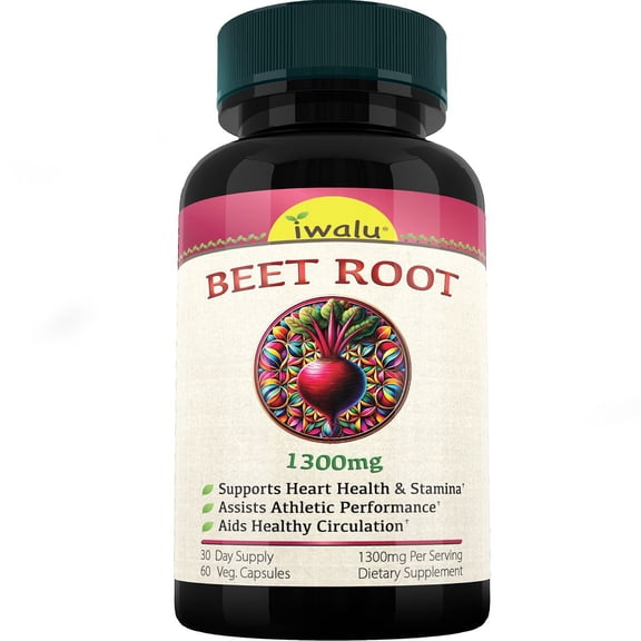 Organic Beet Root Powder Capsules | Heart Health, Stamina, Circulation, Daily Energy Support - Organic Beet Supplement - 60 Veg Capsules | NSF Certified & USA Made by iwalu