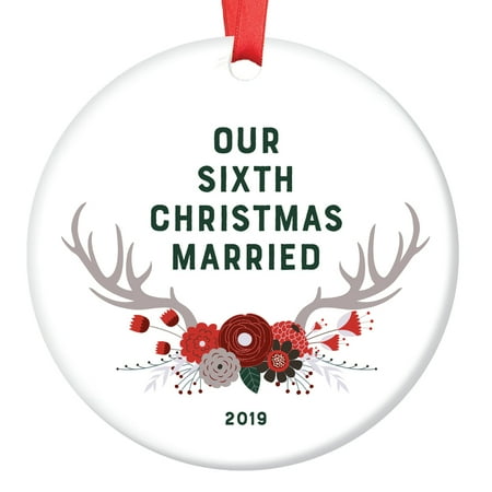 Woodsy Christmas Decor Sixth Christmas Married Ornament 2019 Six 6 Years Together Husband Wife Mr & Mrs Anniversary Keepsake Gift Couple Woodsy Antlers Boho Floral Tree Decoration Ceramic 3