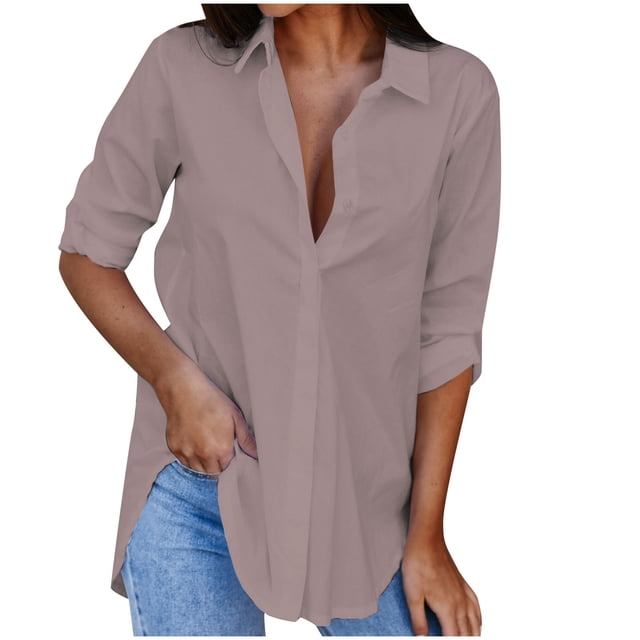Pompotops Chemise Haut à Boutons en V à Manches Longues Unie d'Été pour Femme Liquidation