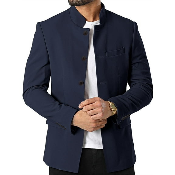 Langwyqu Stand Collar Men Solid Color Long Sleeved Buttons Blazer Coat