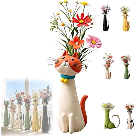 Quirky Cat Vase, Handcrafted Resin Whimsical Kitty Planter for Small Flowers, Desk Shelf Decor, Unique Gift for Cat Lovers (B)