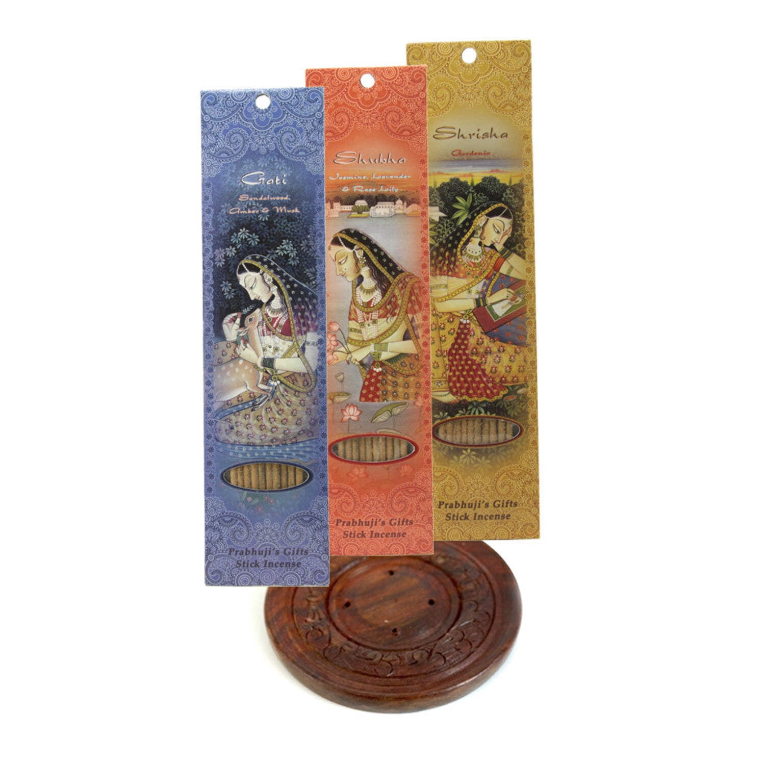 Incense Gift Set - Wood Round Burner + 3 Meditation Incense Sticks Packs  Holiday Greeting