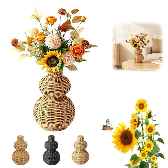 Gourd Shaped Farmhouse Rattan Vase, 9.3" Boho Wicker Decorative Vase, Farmhouse Lightweight Rustic Tabletop Decor for Dried Flowers, Artificial Plants and Living Room Shelf Entryway