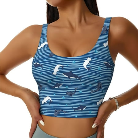 Jgfou Sharks on White Blue Striped Print Womens Sports Bra - Padded Workout Sports Bras Crop Tank Top