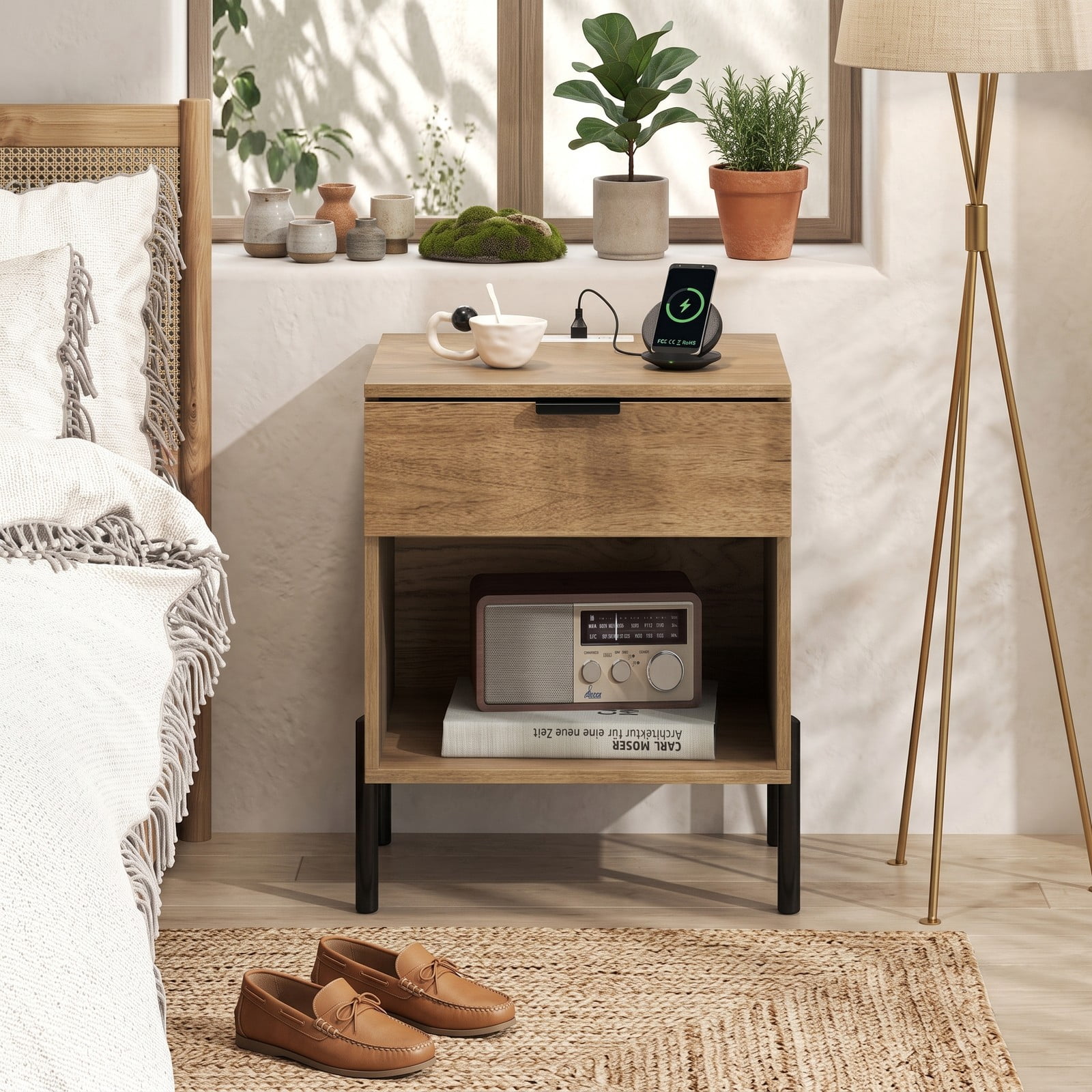 Furnibear Modern Nightstand with Charging Station for Bedroom, 1 Drawer and Open Compartment Bedside Table with Metal Legs, Natural