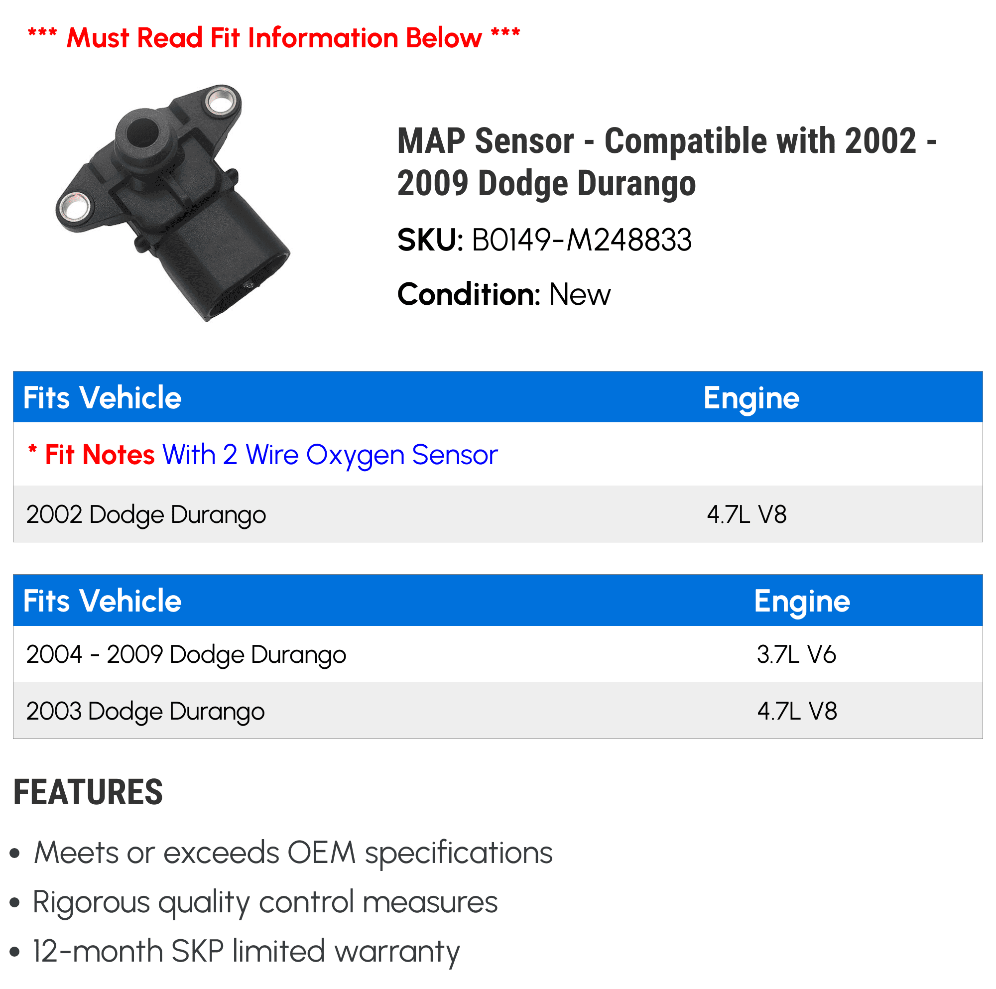 MAP Sensor - Compatible with 2002 - 2009 Dodge Durango 2003 2004 2005 2006 2007 2008