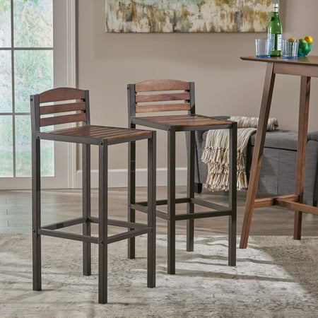 Iron Bar Stools - Noble House Indoor Acacia Barstools with Rustic Metal Finish Iron Frame, Dark Brown