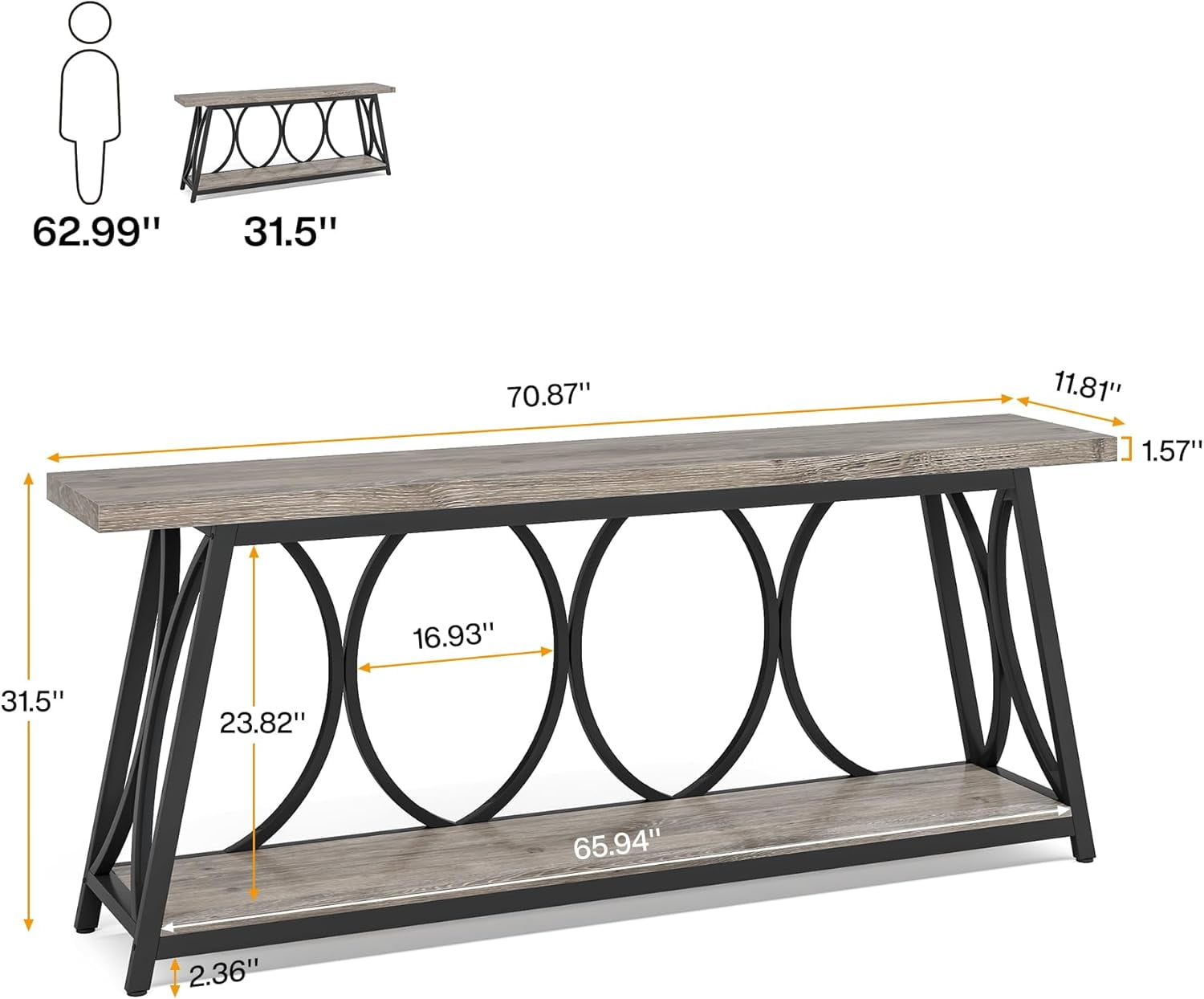 Tribesigns 70.9" Extra Long Console Table, Industrial Wood Narrow Sofa Table for Entryway, Gray