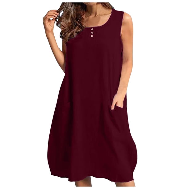 Moda mujer Casual Sexy cuello redondo vestidos sólidos bolsillos de verano vestido sin mangas Fridja hj1879