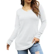 TEMOFON Women Long Sleeve v neck Shirts Comfy tunic top fall Solid Color Tops Casual Basic Tunic Loose Fall Blouse White Tee