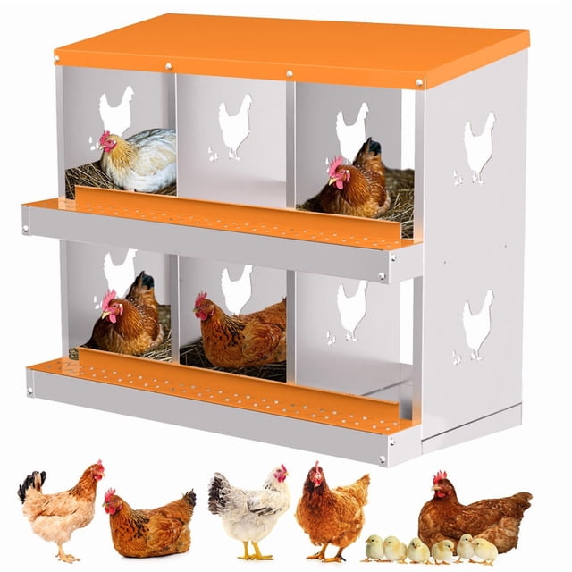 Chicken Nesting Box, 6 Compartment Metal Nesting Boxes for Chicken Coop, Roll Away Nest Box, Easy Egg Collection, Easy to Clean and Install, Chicken Laying Boxes,Orange