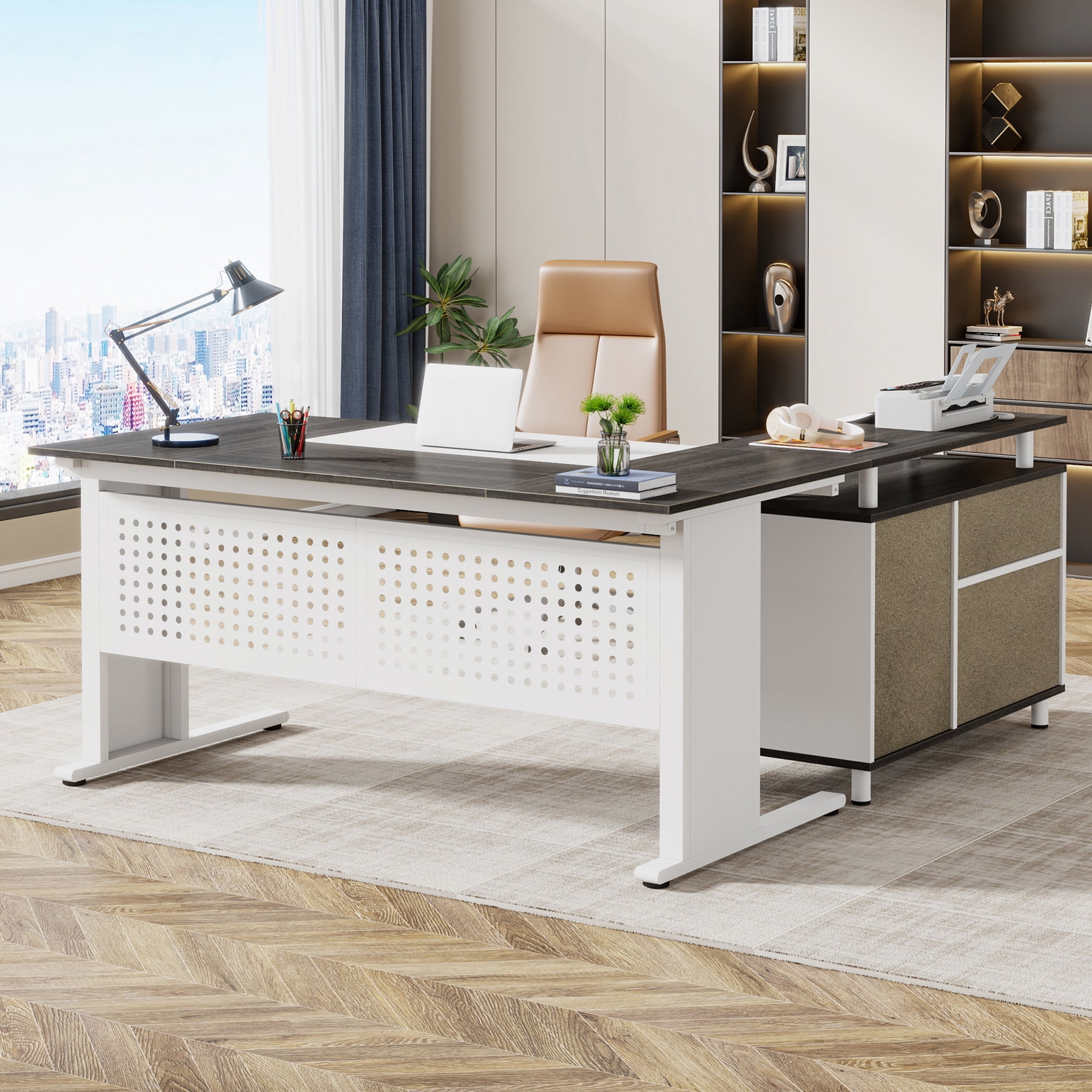 Tribesigns 63 Inch Executive Desk with File Cabinet, L Shaped Computer Desk with Drawers and Storage Shelves, Large Office Desk Business Furniture Desk Workstation for Home Office, Gray and White