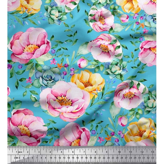 Soimoi Blue Cotton Duck Fabric Leaves & Floral Print Sewing Fabric BTY 42 Inch Wide