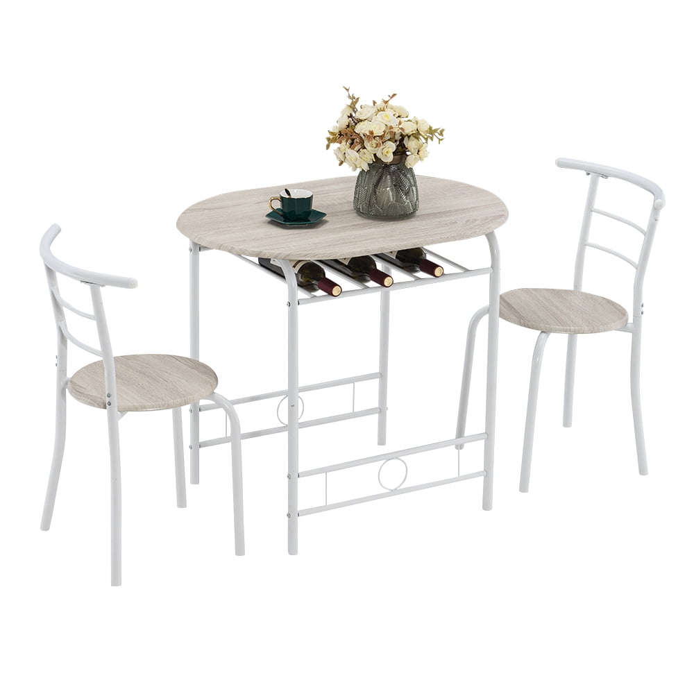 3 Piece Dining Set, Space Saving Breakfast Pub White Table Set with Metal Frame and Shelf 