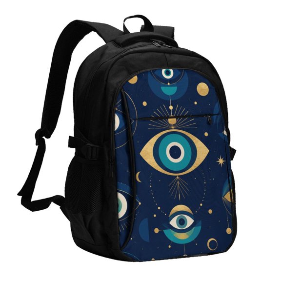 Abstract Evil Eye Geometric Laptop Backpack with USB Charging Headphone Port Casual Daypack Bag College Business Travel