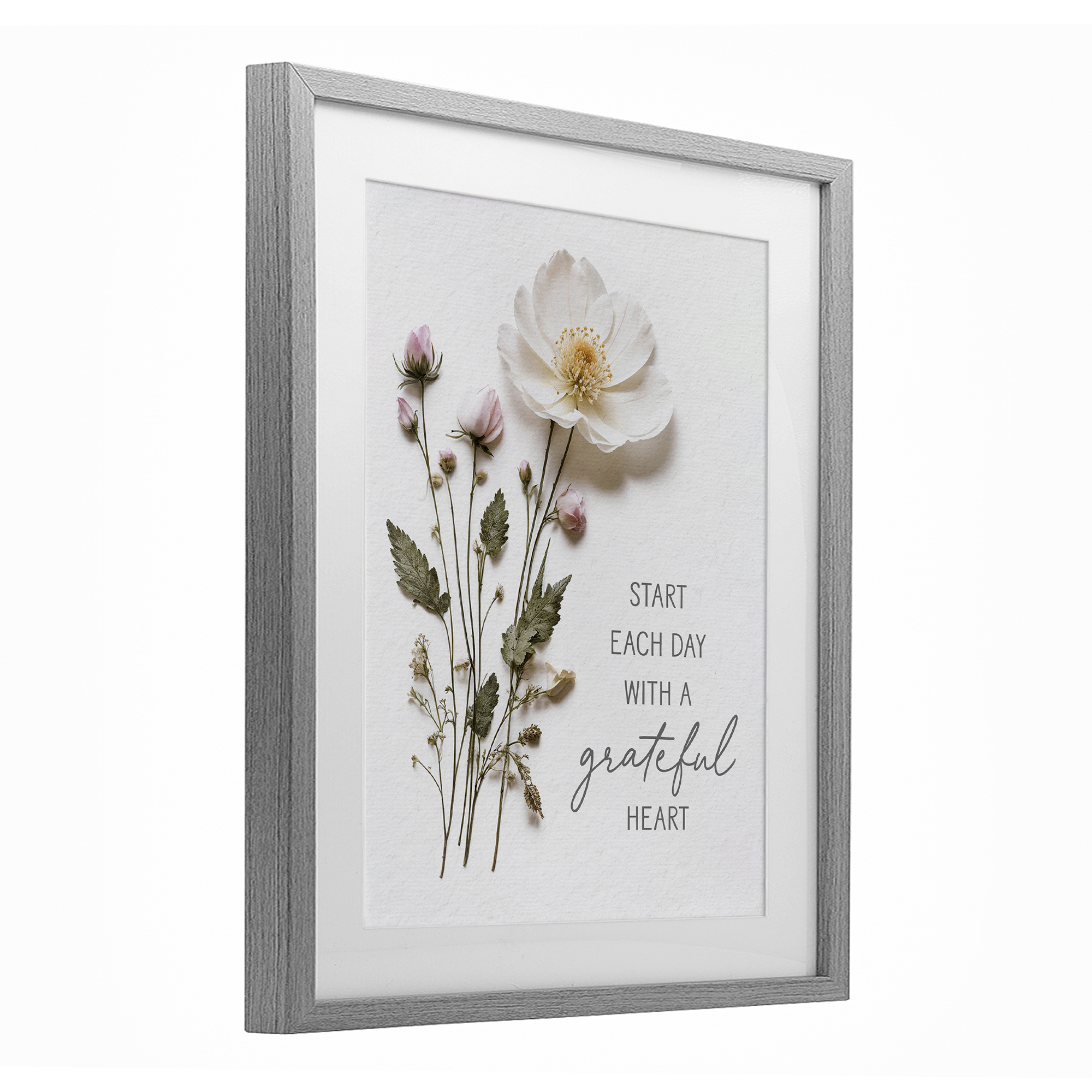 Grateful Heart Pressed Flowers Gray Framed Print Under Glass, design by Lettered and Lined