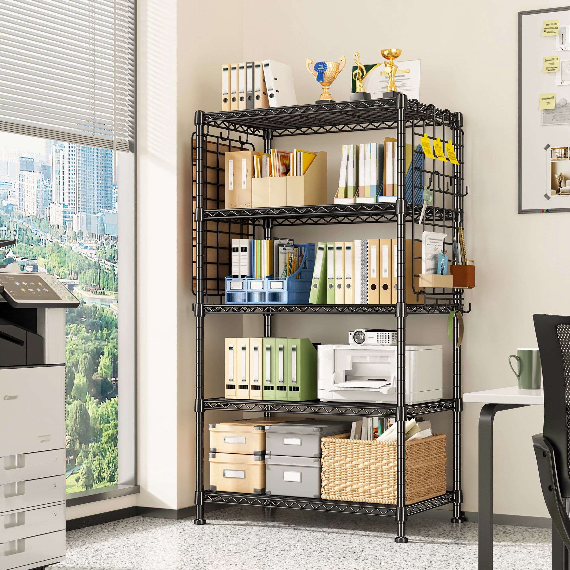 REIBII 5-Tier Metal Shelving Unit with Side Mesh & Hooks,Adjustable Wire Storage Rack,Narrow Pantry Shelf Organizer for Kitchen,Laundry,Garage,Bathroom,Black
