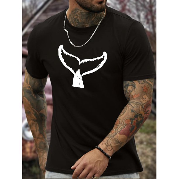 Men's T-shirt, Whale Tail Print Short Sleeve Crew Neck Tees For Summer, Casual Outdoor Comfy Clothing For Male Tee For Adult, Men, Women, Teen, Teenager, Adolescent, Youth.