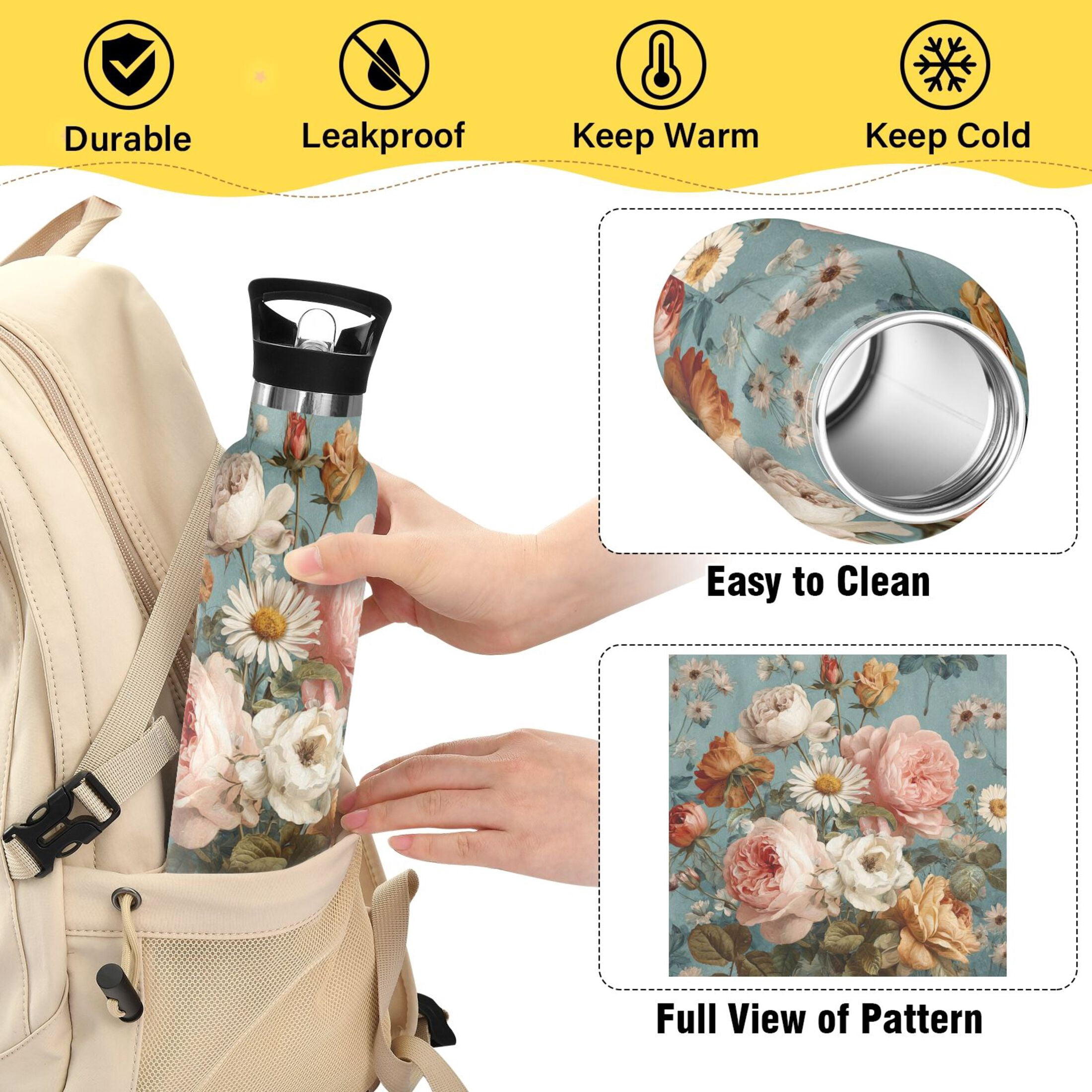 Kids Insulated Stainless Steel Sports Water Bottle 600ml (20oz) Vintage Roses and Peonies