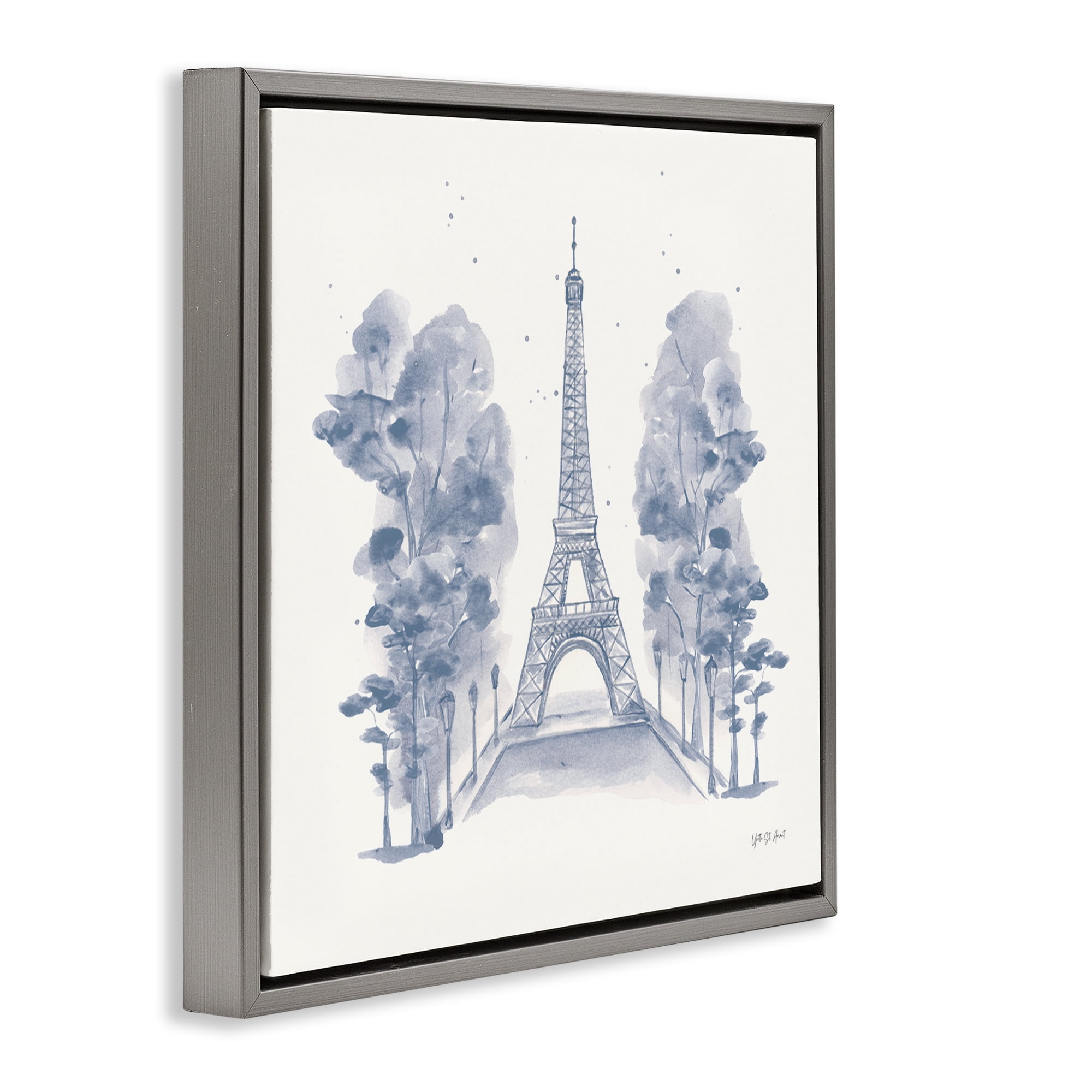 Stupell Industries Eiffel Tower Watercolor Buildings & Architecture Painting Gray Floater Framed Canvas Art Print Wall Art, 25 x 25