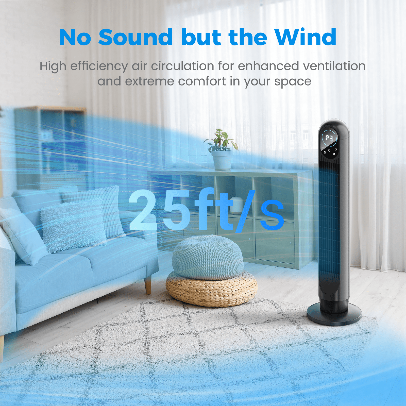 Tower Fan with Remote, 31" Bladeless Floor Fans for Home, 4 Modes & 4 Speeds, 12H Timer, LED Display, 80° Oscillating Wide Cooling for Bedroom, Office