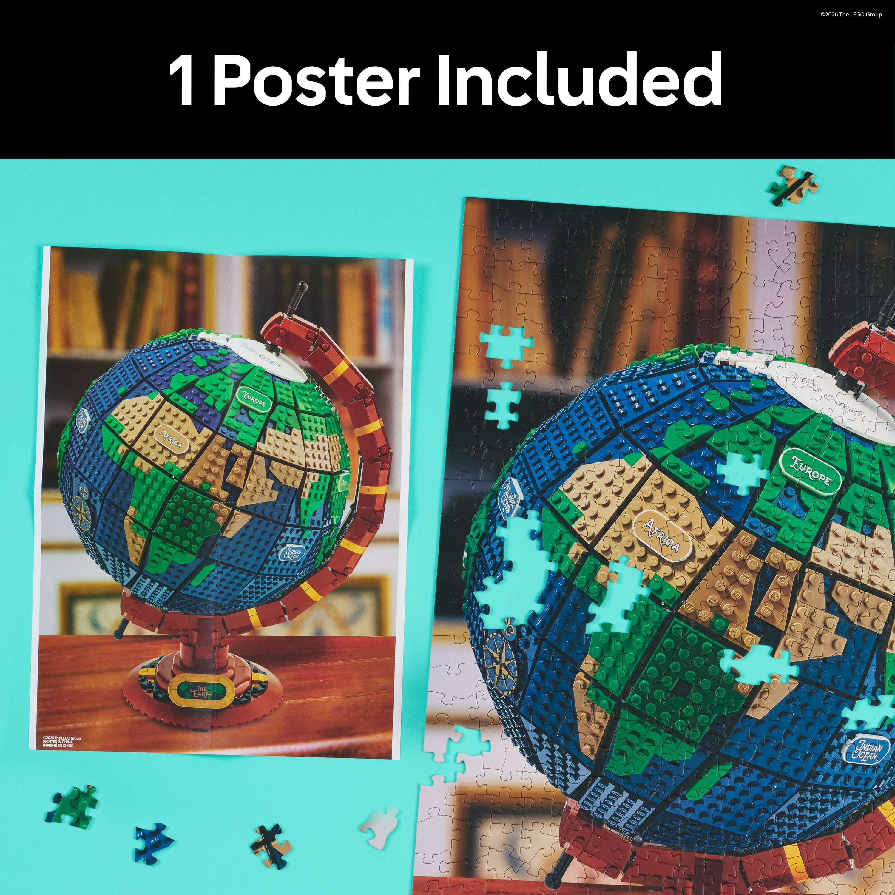 LEGO® Ideas Globe Puzzle, 500 Pieces, 21.25 x 15 inches, Featuring Detailed World Map Design, Textured Jigsaw Puzzle with Poster, LEGO® Fan Gift for Kids and Adults, Ages 8+