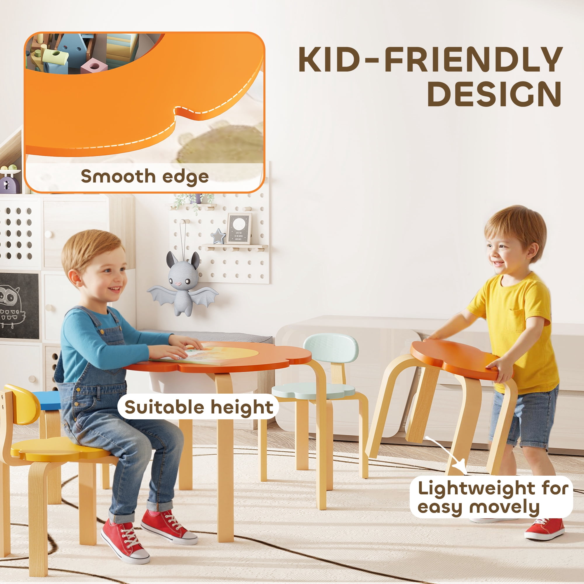 Qaba 5 Piece Kids Table and Chairs Set, Flower-Shaped Toddler Table and Chair Set with Built-in Storage, for Drawing Reading Art Craft Activity