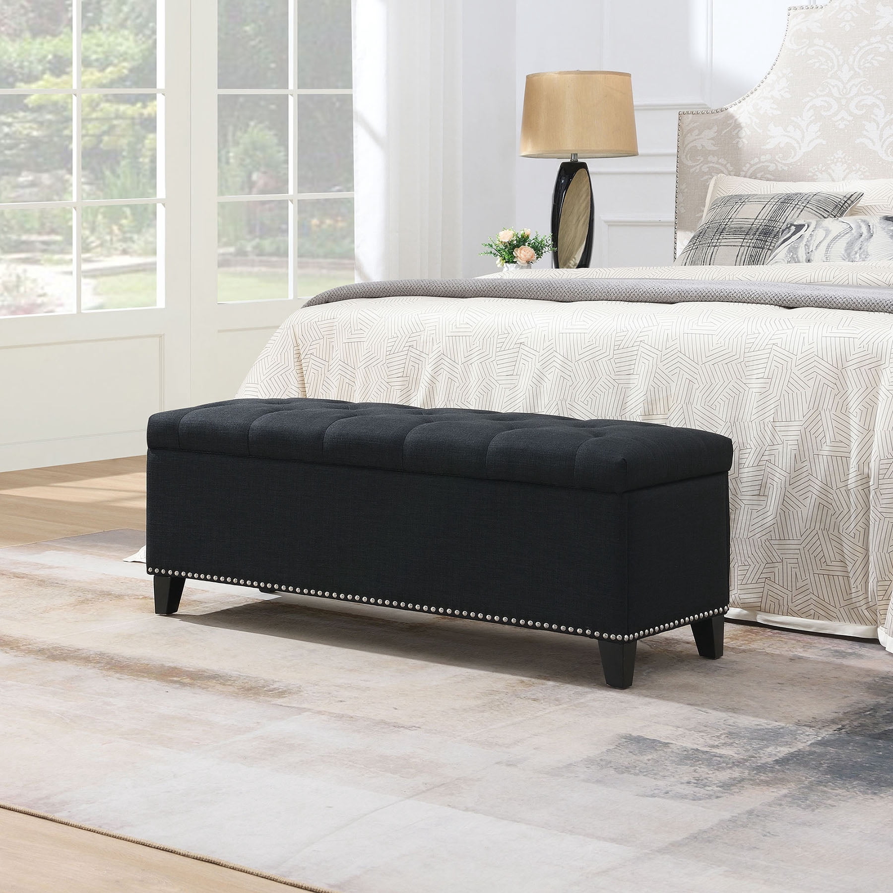 S-HOME Versatile 47.5-Inch Ottoman Storage Seat  with Safety Close Hinge, Teddy Upholstered Ottoman for Home Organization, Black