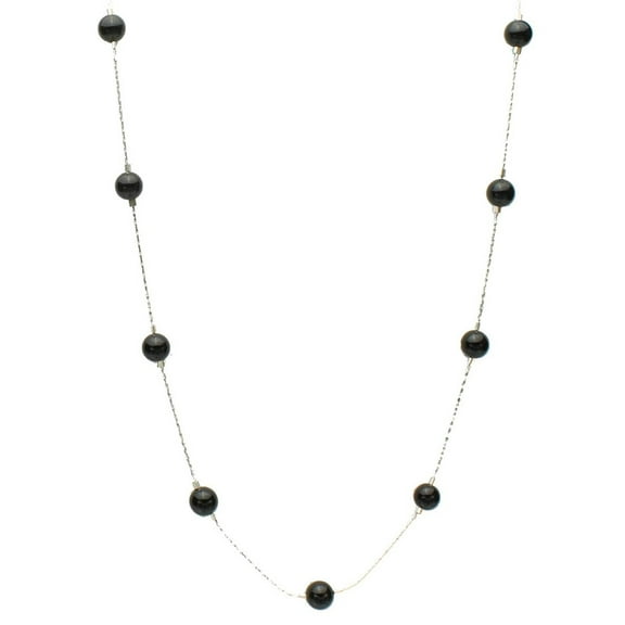 Black Onyx Stone Beads Station Illusion Sterling Silver Chain Necklace, 16"