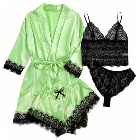 Levmjia Women s Pajama Sets Pajama Tops and Pajama Bottoms 4-Piece Women Sexy Garter Lingerie Set Robes Lace Bodysuit Deep-V Neck Underwear