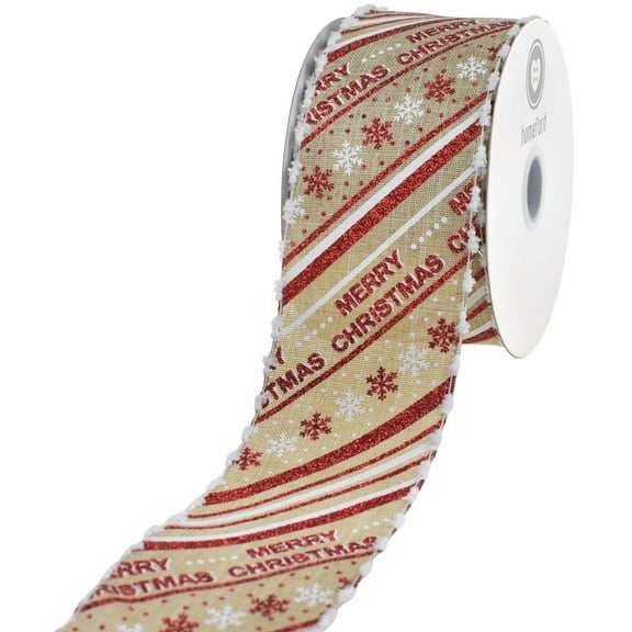 HOMEFORD Glittered Merry Christmas Diagonal Stripes Wired Ribbon, 2-1/2-inch, 10-yard, Natural