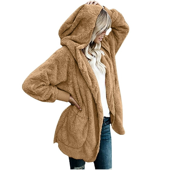 Juebong Womens Fuzzy Fleece Open Front Hooded Cardigan Jackets Sherpa Outerwear Coats Soft Long Sleeve Sherpa Jackets with Pockets Jackets for Women Plus Size Clearance